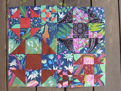 start of third row Secret Lives of Colour quilt along red blocks