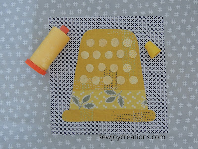 my yellow thimble as block 3 Sew Much Fun Tour block Three Sew Much Fun Tour yellow applique thimble Slice of Pi quilts pattern