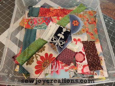 end of first round of scrap vortex sewing first step pieces