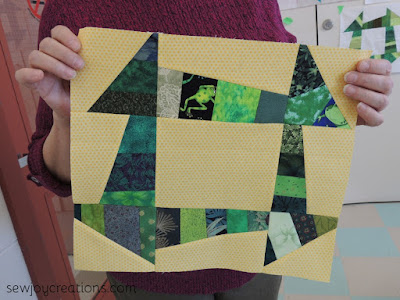 happy frog liberated churn dash block yellow background scrappy greens frog fabric liberated churn dash block