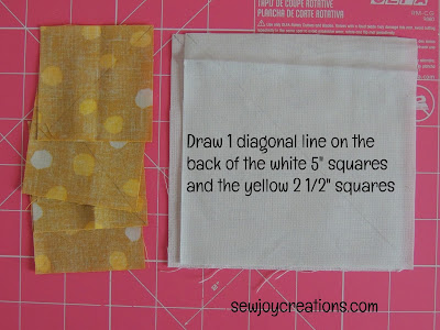 prep by drawing diagonal lines on wrong side of fabrics marking diagonal lines