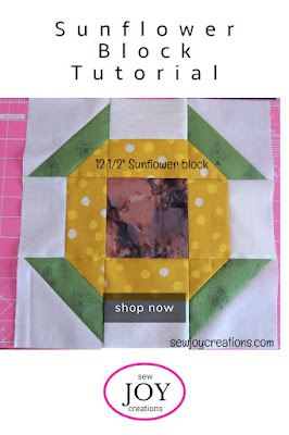 Sunflower block visual tutorial by Sew Joy Creations tutorial for pieced 12.5 inch sunflower quilt block